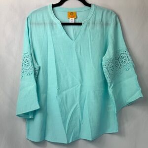 Cato Light Blue Blouse with Embroidered Sleeves V-Neck Top